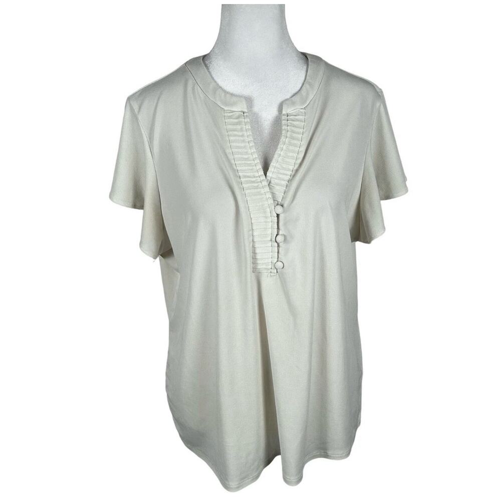 Adrianna Papell Off-White Short Sleeve Top w/ Business Buttons Romantic- Large